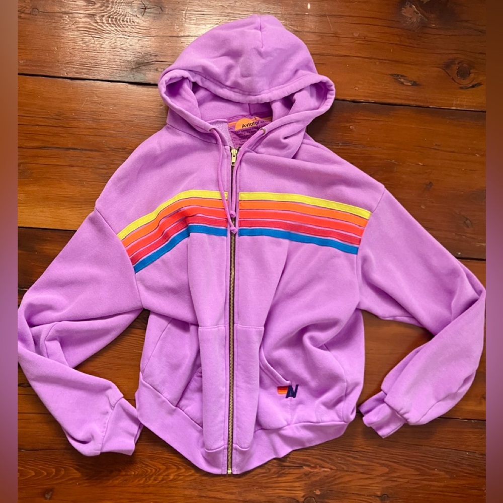 Aviator Nation 5 Stripe Neon Purple Zip Hoodie Large L